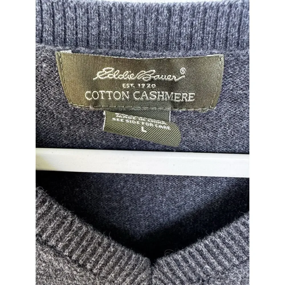 V-neck Sweater Vest Cotton Cashmere Eddie Bauer Men's L Dark Gray Grandpa Core - Picture 2 of 3